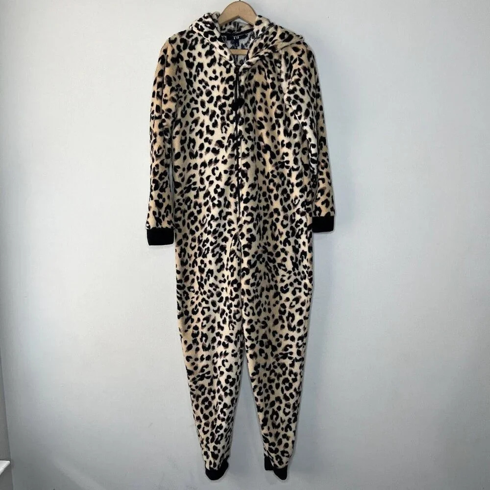 Leopard Print Jump suit Pajamas Cat Ears Costume Women’s Sz Small PJ One Piece